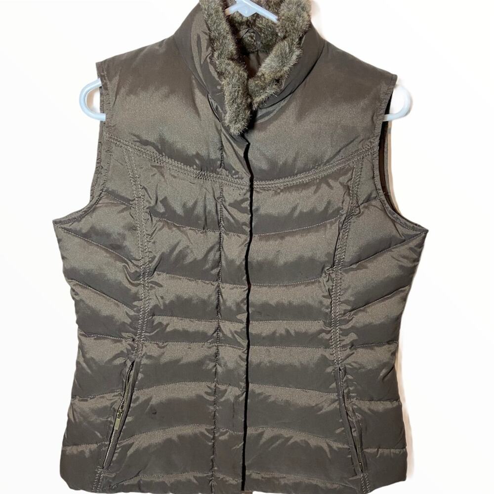 Eddie Bauer Down Puffer Vest Goose Down Full Zip Brown Fur Lined Small